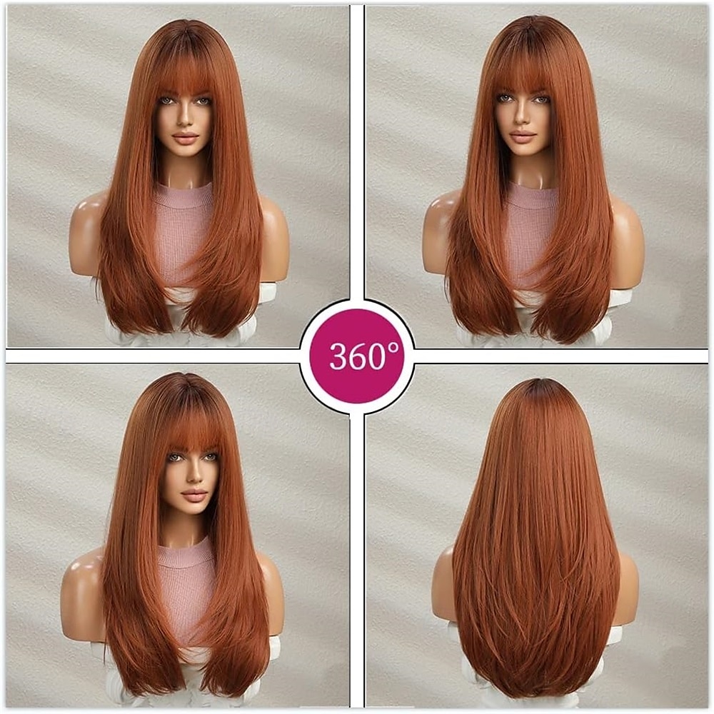 Parrucche lunghe e lisce in rame per donne, parrucche sintetiche naturali con effetto ombré e frangia per l'uso quotidiano alle feste del 2025 a $28.99 –P2