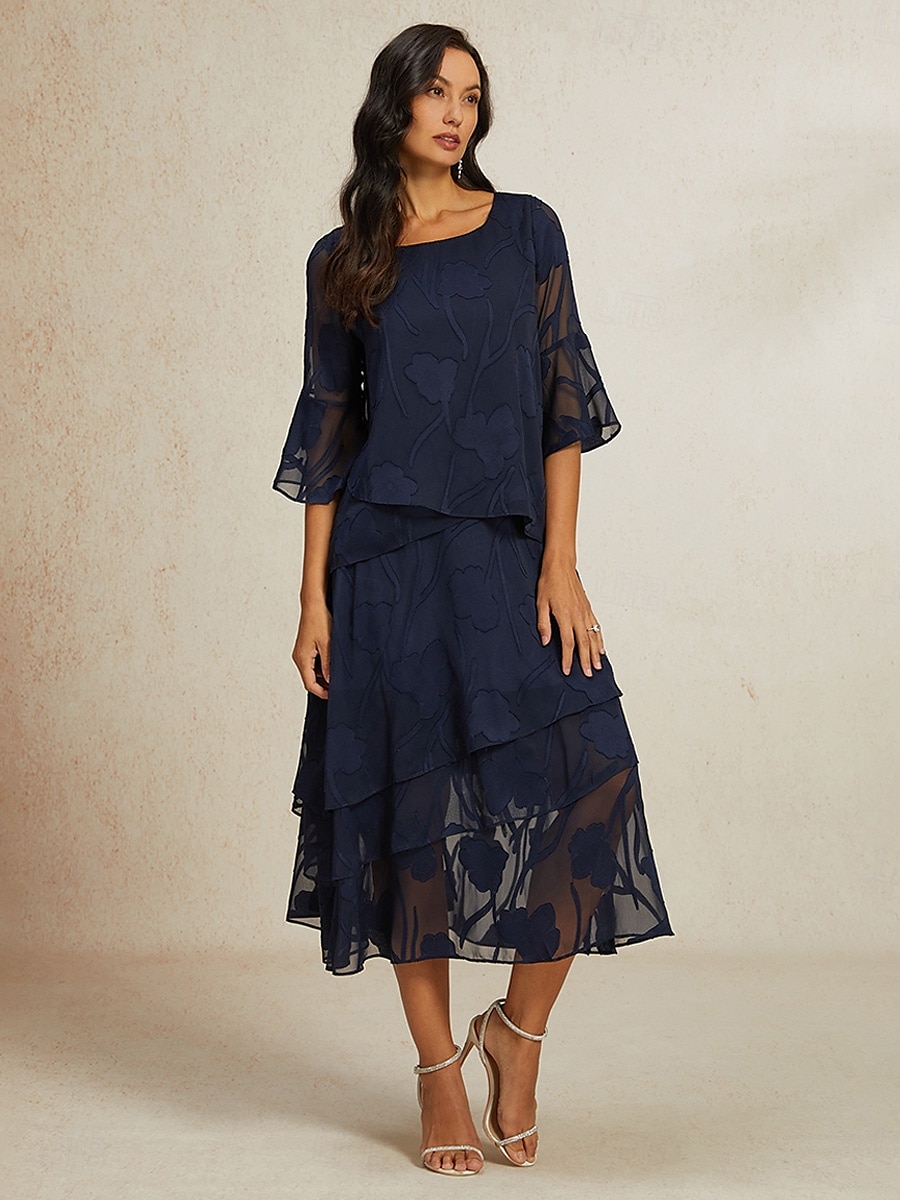 Women's Lace Shirt Blouse Dressy Tops Chiffon Tops Solid Color Elegant Stylish Basic 3/4 Length Sleeve Bell Sleeve Boat Neck Regular Tops Wedding Guest Work Daily Asymmetric Hem Navy Blue Summer 2025 - $59.99 –P5