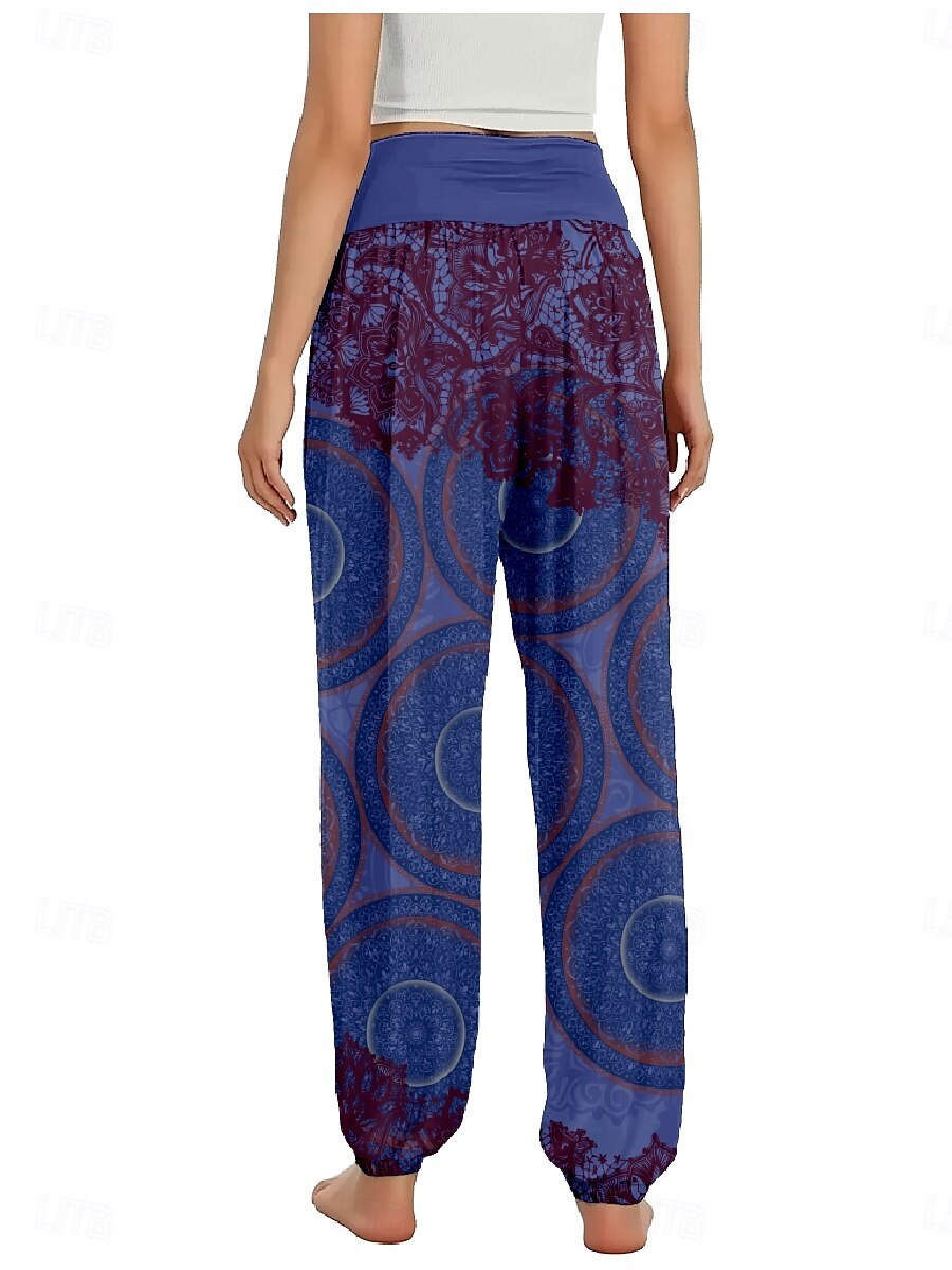 Dam Linneinspirerade byxor Brett skaft Byxor Etnisk Stil Ledigt Boho Fullängd Hög midja Grafiska tryck Ficka Elastisk midja Tryck Mateial som andas Mjuk Microelastisk Utomhus Yoga Svart Blå Purpur 2025 - $21.99 –P5
