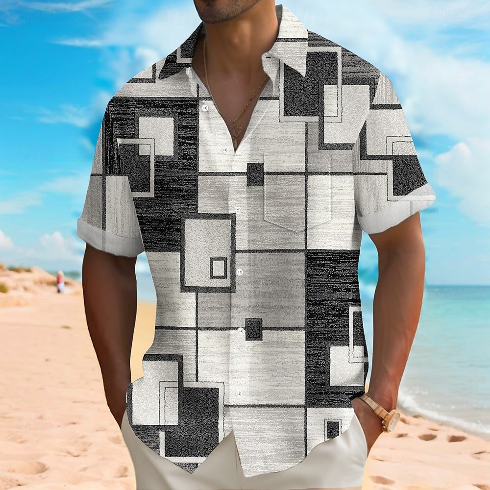 Men's Geometric Color Block Grid / Plaid Shirt Summer Shirt Button Up Shirt Short Sleeve Fashion Casual Vacation Holiday Streetwear Summer Turndown 3D Print Front One Pocket Linen Like Shirt Gray 2025 - $23.99 –P1