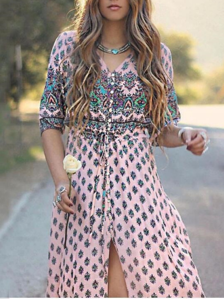 Women's Maxi Dress A Line Dress Casual Party Beach Regular Fit Graphic 3/4 Length Sleeve V Neck Pink Blue Green Summer Spring 2025 - $24.99 –P7