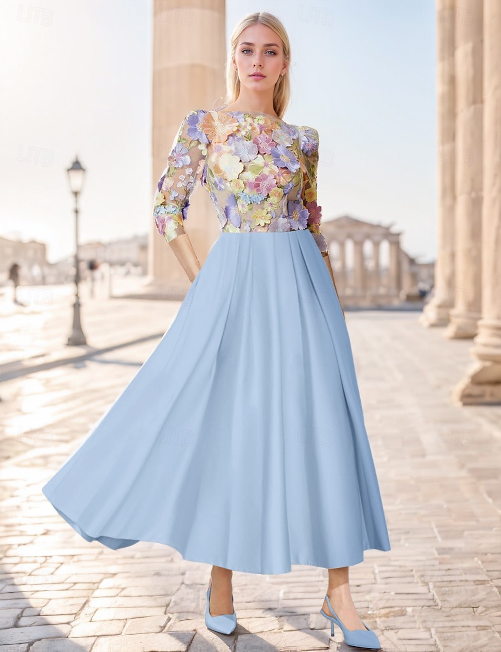 Floral A-Line Embroidered Yellow Cocktail Dresses Elegant Dress Formal Wedding Ankle Length 3/4 Length Sleeve Illusion Neck Satin with Pocket 2025 - $127.99 –P4