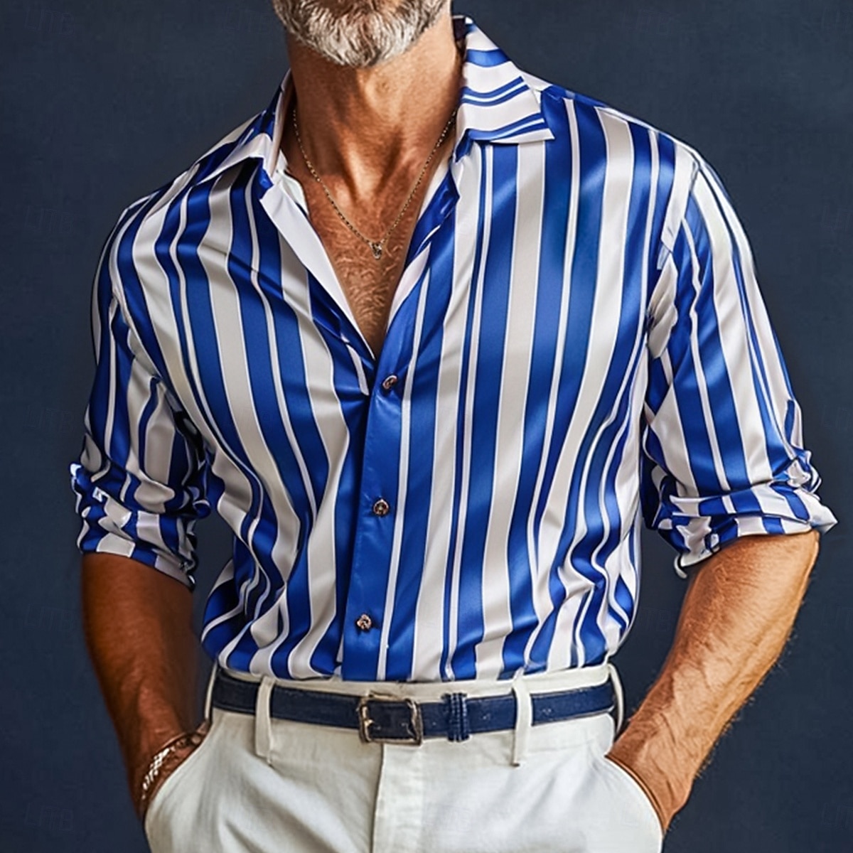 Herren Hemd Satinhemd Gestreiftes Hemd Freizeithemd Knopfhemd Vertikale Streifen Hochzeit Urlaub Blau Langarm Kragen Frühling & Herbst Bekleidung 2025 - $27.99 –P1