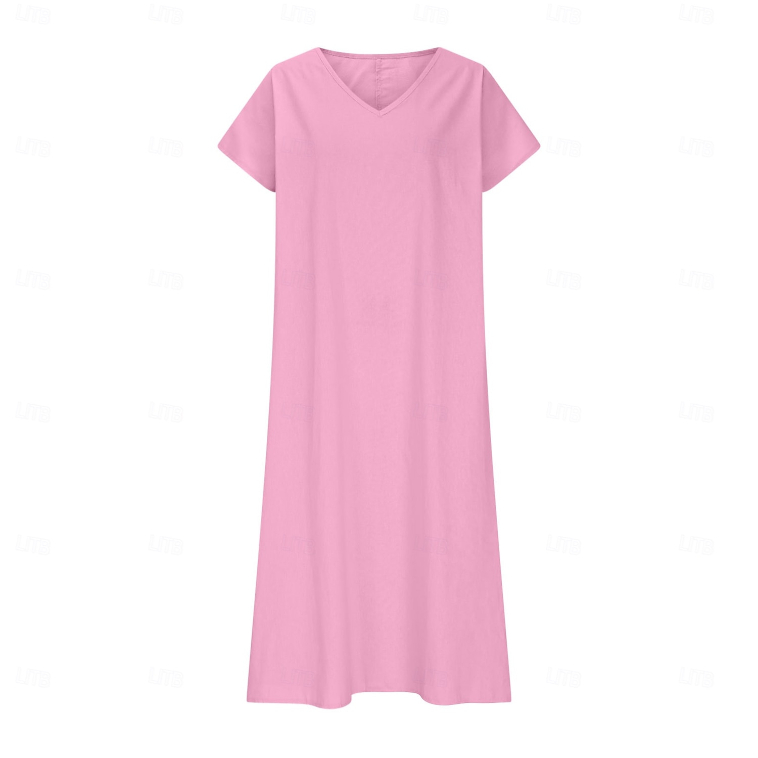 Robe midi féminine robe d'été décontractée quotidienne vacances plage ajustement régulier lin-like unie à manches courtes col en V blanc rose bleu vert été de 2025 ? $26.99 –P8