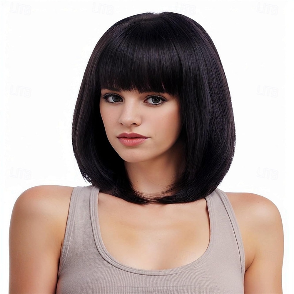 Parrucca rugelyss nera corta e liscia con frangia, 12 pollici, parrucche sintetiche per donne e ragazze con cuffia per parrucca del 2025 a $25.99 –P3