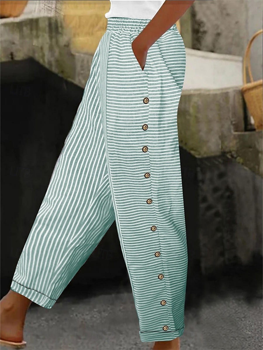 Per donna Pantaloni in cotone e lino Essenziale Casual Lunghezza intera Vita Alta A righe Tasca Elastico in vita Stampato Comodo All'aperto Confortevole Streetwear Abbigliamento quotidiano Uscire del 2025 a $22.99 –P4