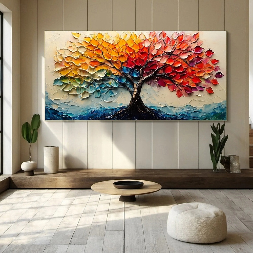 Peintures à l'huile peintes à la main, paysage de montagne, peinture à l'huile sur toile, arbres texturés faits à la main en automne, prairie jaune, peinture acrylique, paysage fluvial, art mural de 2025 ? $82.99 –P1