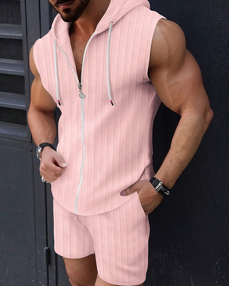 Men's T-shirt Suits 2 Pieces Outfits Tee & Shorts Sleeveless Hooded Summer Plain Fashion Casual 2 Piece Vacation Daily Wear Going out Black Pink White Top Tee for Men 2025 - $37.99 –P5