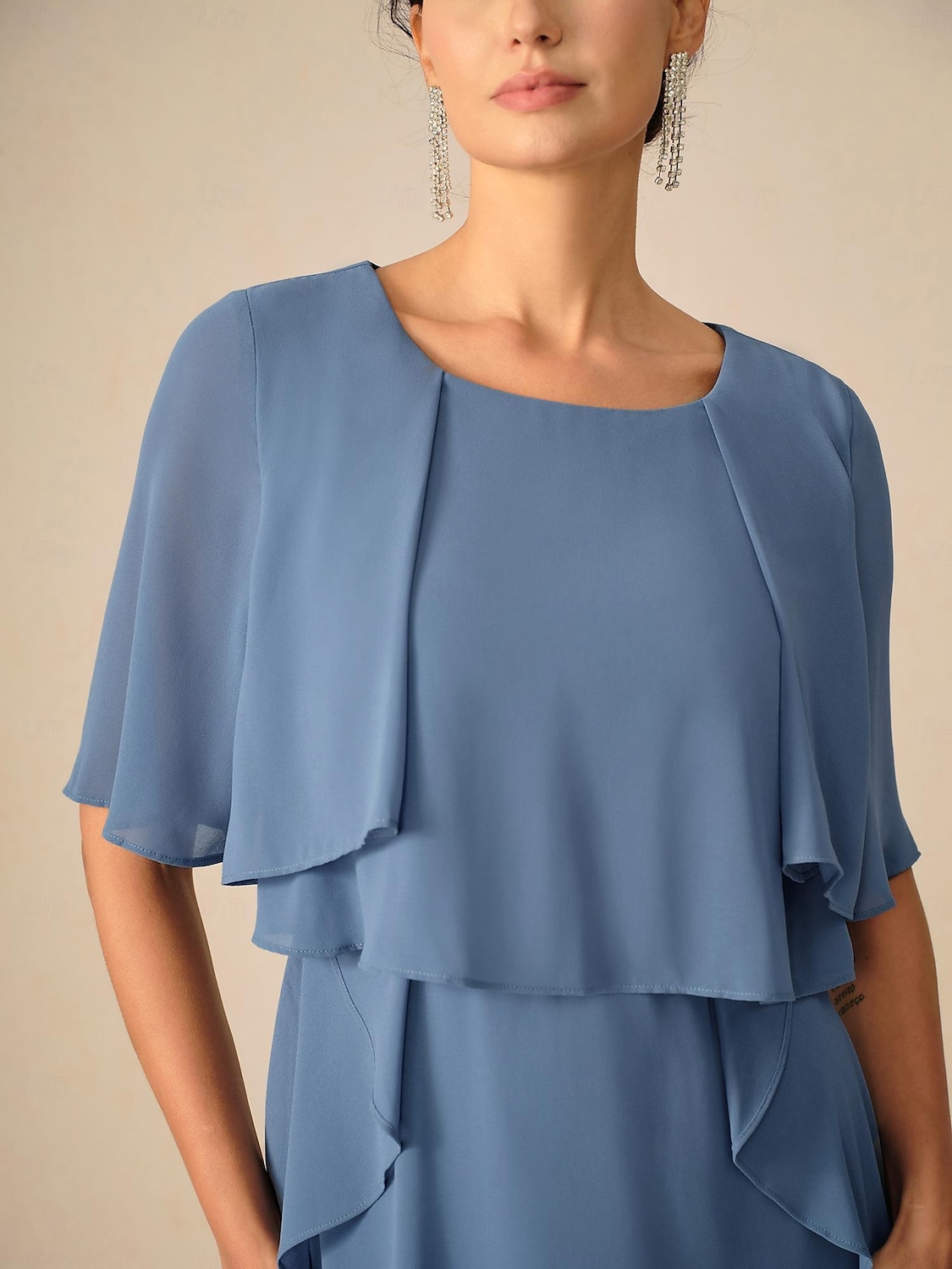 Women's Wedding Guest Cocktail Dress Ruffle Elegant Layered Midi Summer Spring Dress Crew Neck Half Sleeve Midi Dress Blue 2025 - $59.99 –P4