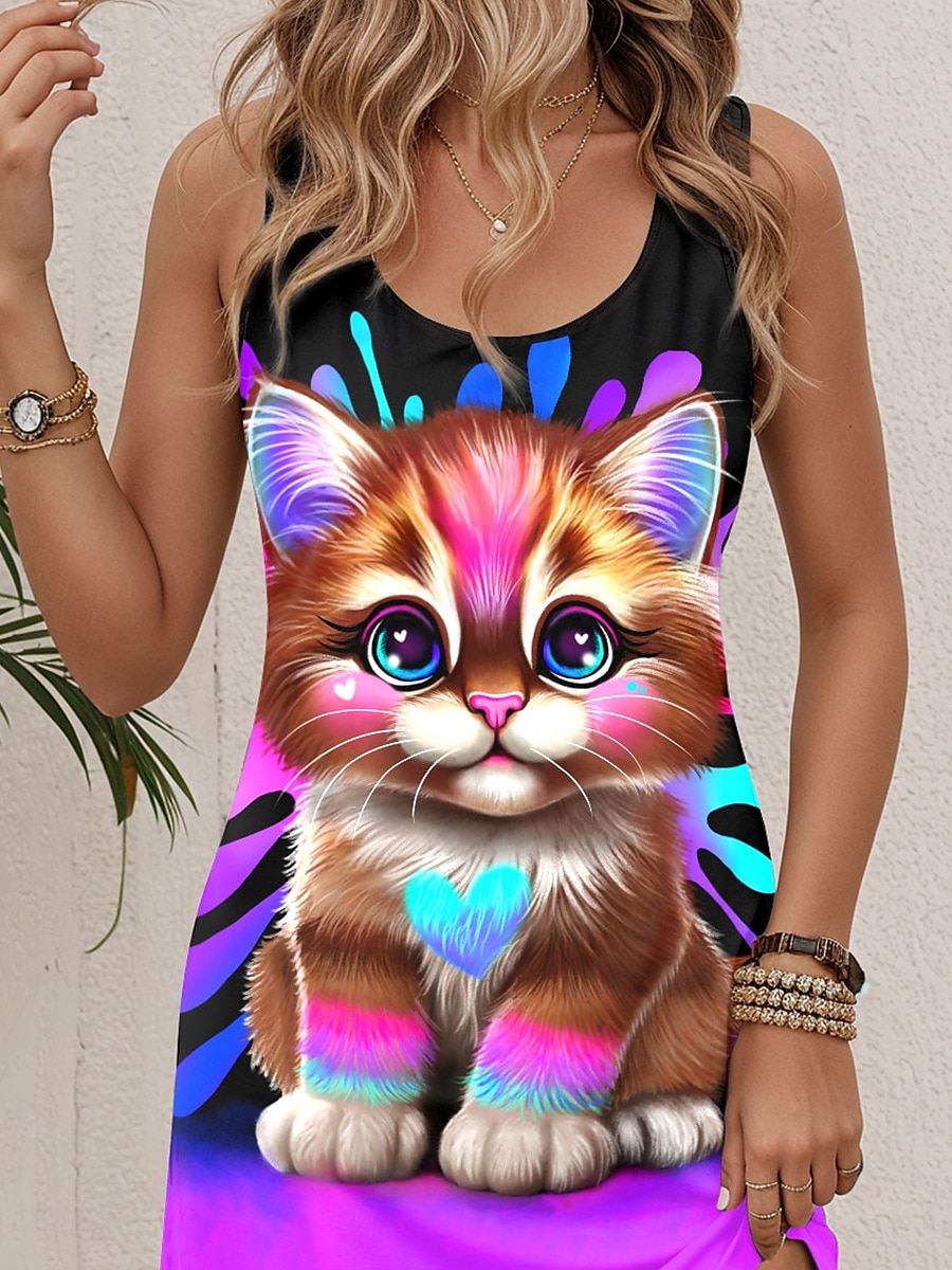 lil kitty by sheena pike dámské minišaty linkové šaty letní šaty mimo ramena dovolená ležérní denní volný střih grafika zvíře bez rukávů u krku černá léto 2025 - $24.99 –P3
