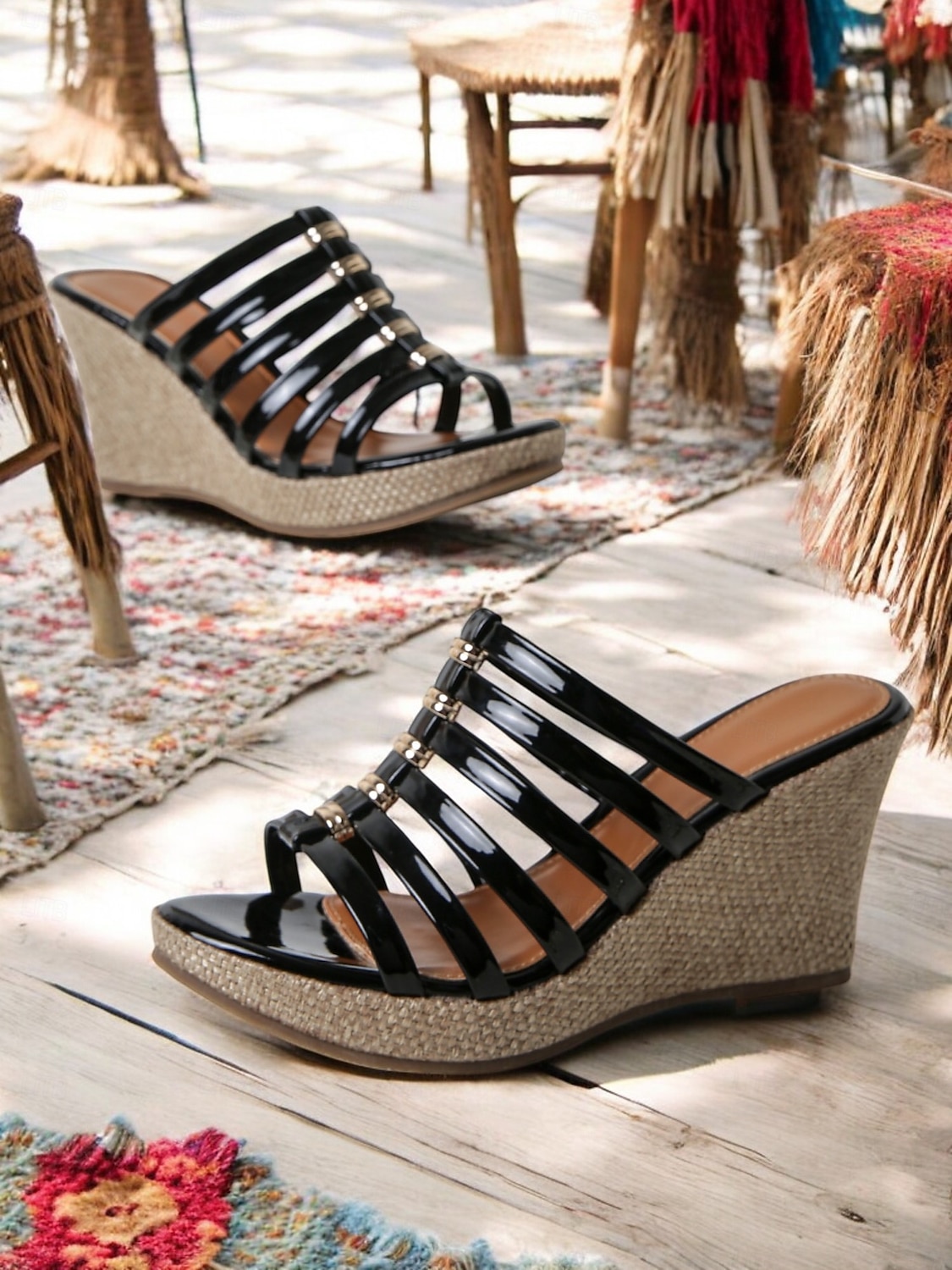 Damen-Keilsandalen mit Plateau und Riemchen in Regenbogen-Metallic, perfekt für Strandpartys und Sommerferien 2025 - $32.99 –P1