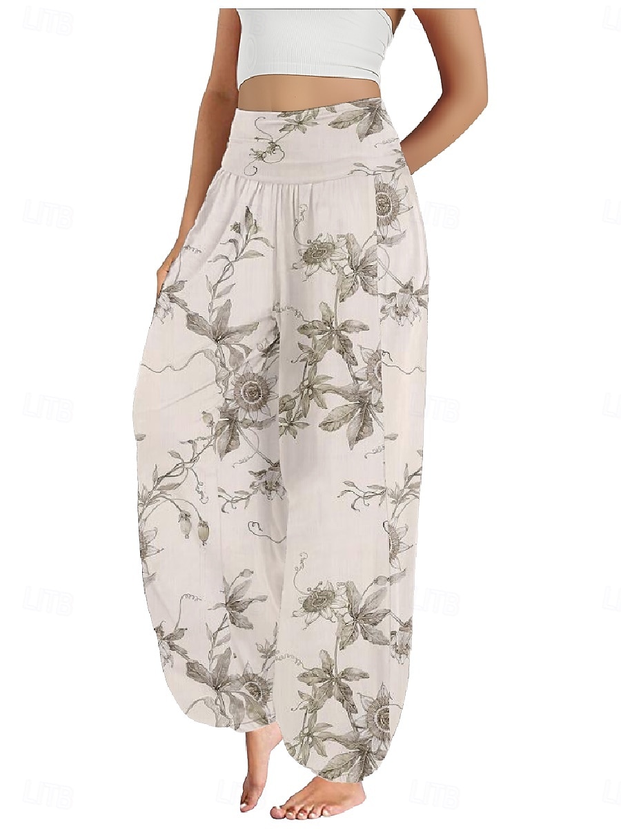 Dam Linneinspirerade byxor Brett skaft Byxor Etnisk Stil Ledigt Boho Fullängd Hög midja Blommig Ficka Elastisk midja Tryck Mateial som andas Mjuk Microelastisk Utomhus Yoga Vit Gul Rosa Purpur Sommar 2025 - $21.99 –P4