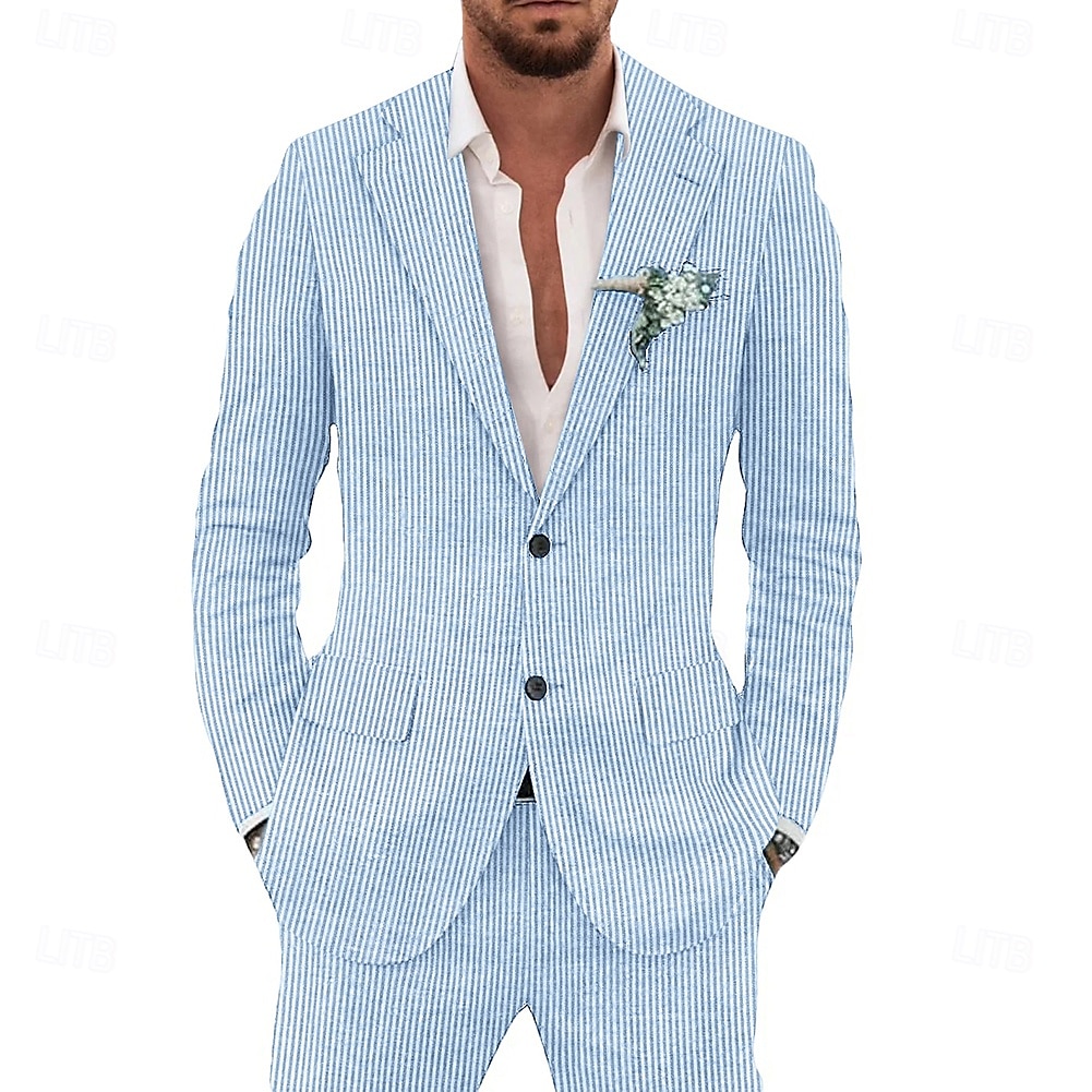 Completi in seersucker per uomo completi casual blu cielo e salvia moda leggeri estivi in tinta unita taglio standard 2 pezzi con un solo bottone del 2025 a $115.99 –P2