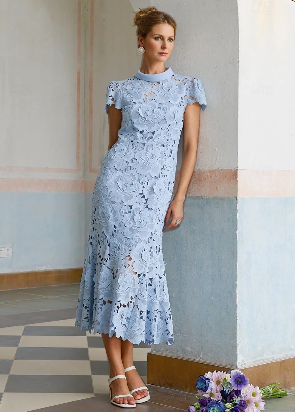 Robe Cocktail Colonne Jaune Bleue Élégante Robe Brodée Mariage Formelle Longueur Cheville Manches Courtes Col Montant Dentelle avec Fente de 2025 ? $151.99 –P7