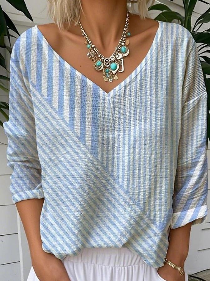 Dames Blouse Grafisch Geometrisch Gestreept Elegant Tropisch Dagelijks 3/4 mouw V-hals Normale tops Dagelijks Zwart blauw Regenboog Zomer Lente 2025 - $24.99 –P1