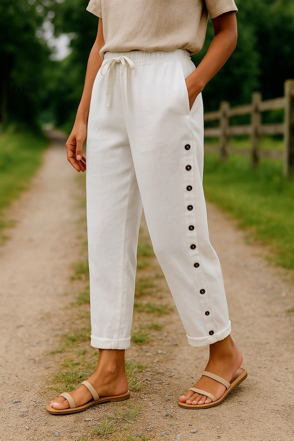 Femmes Pantalon en coton et lin Confort Longueur complète Taille haute Uni Avec Poches Ceinture Élastique Confortable Extérieur Rue Tenue quotidienne Sortir Noir Blanche Bleu Kaki Été Coupe régulière de 2025 ? $28.99 –P1