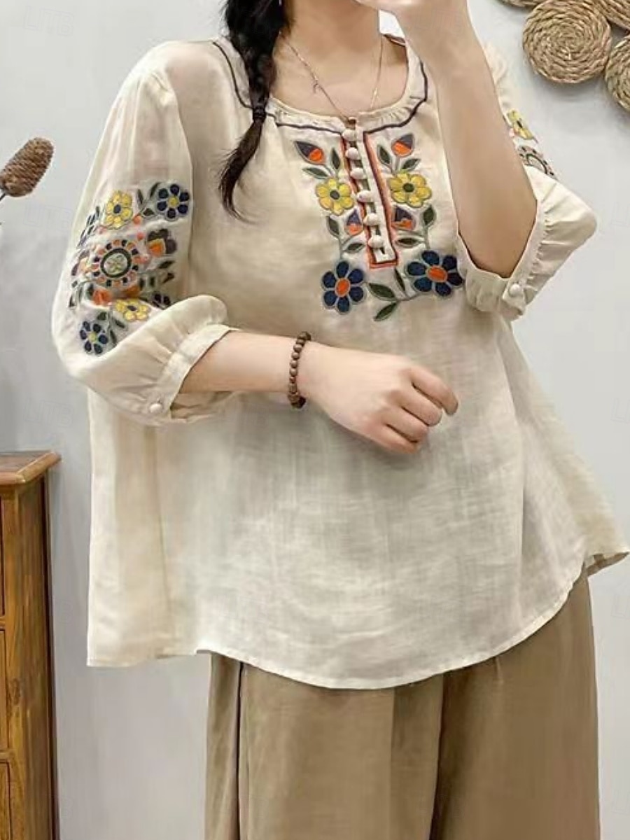 Femmes Chemise Fleuri Élégant Occasionnel Manche 3/4 Col ras du cou Hauts Réguliers Quotidien Broderie Vert Claire Rose Claire Fuchsia Abricot Bleu clair Été Printemps de 2025 ? $19.99 –P3