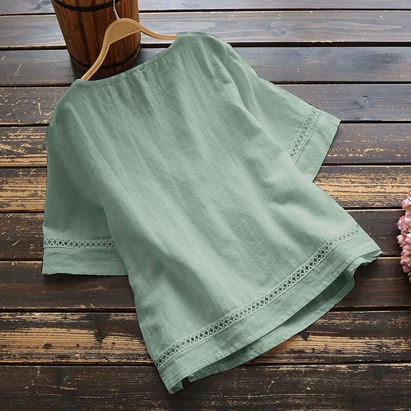 Damenbluse Peplum Einfarbig Stilvoll Lässig 3/4 Länge Ärmel Rundhals Reguläre Tops Täglicher Patchwork Weiß Rot Blau Grün Sommer 2025 - $22.99 –P4