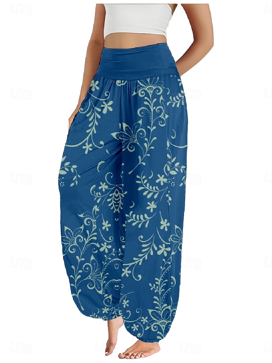 Dam Linneinspirerade byxor Brett skaft Byxor Etnisk Stil Ledigt Boho Fullängd Hög midja Blommig Ficka Elastisk midja Tryck Mateial som andas Mjuk Microelastisk Utomhus Yoga Svart Rosa Marinblå Blå 2025 - $21.99 –P7