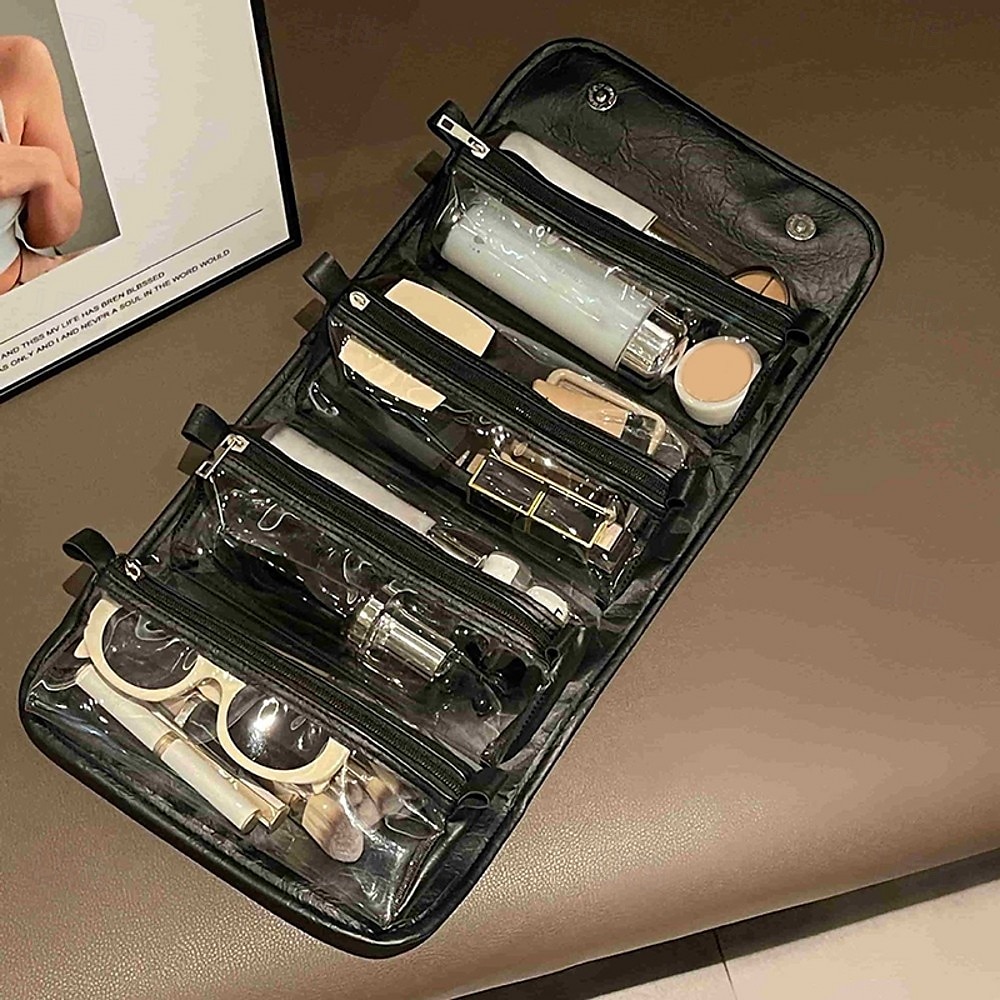 Bolsa de viaje de cuero para cosméticos, gran capacidad, portátil, para mujer, estuche de maquillaje, impermeable, organizador de maquillaje, bolsa de almacenamiento plegable 4 en 1, bolsa de aseo de 2025 - $15.49 –P9