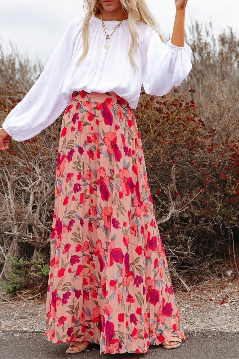 Women's Skirt Fashion Maxi Mid Rise Skirts Floral Print Micro-elastic Vacation Street Pink Summer Polyester 2025 - $23.99 –P1