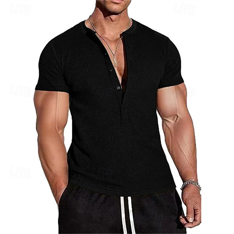 Herren T Shirt Henley Hemd T-Shirt Kurzarmshirt Kurzarm Henley Sommer Frühling Einfach Mode Designer Basic Knöpfe Urlaub Straße Ausgehen Schwarz Blau Grün Top T-Shirt für Herren 2025 - $24.99 –P5