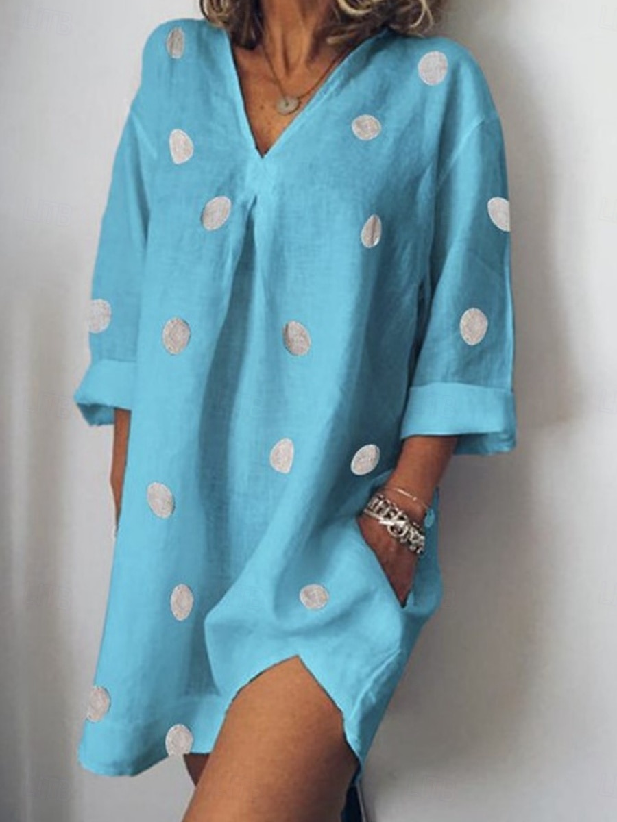Women's Mini Dress Shift Dress Casual Outdoor Beach Linen Regular Fit Graphic Polka Dot Long Sleeve V Neck White Pink Blue Gray Summer 2025 - $16.99 –P4