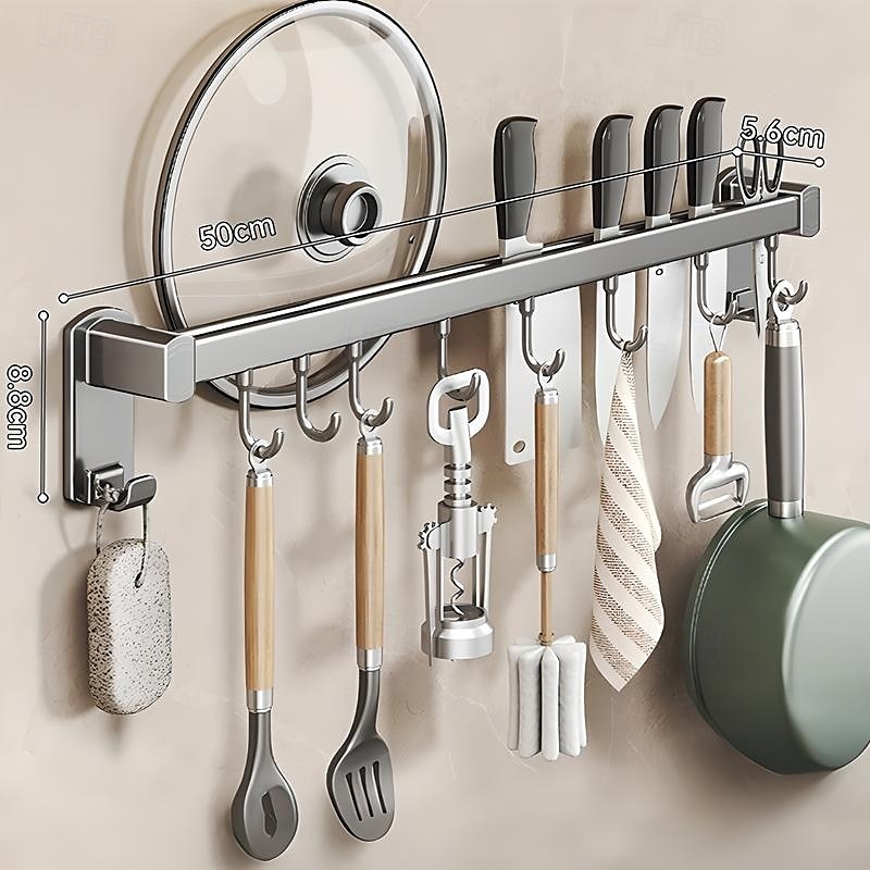 Supporto portaoggetti multifunzionale per cucina con ventosa, ABS, alluminio, asta appendiabiti con gancio &portacoltelli a parete, portapale, portacoperchi, soluzione unica per riporre utensili da del 2025 a $13.99 –P7