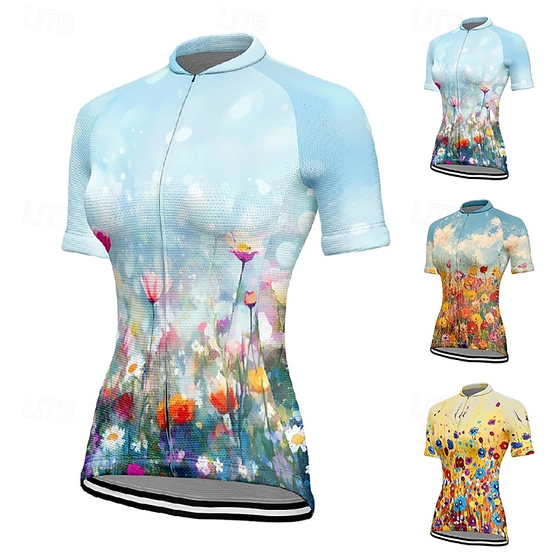 Dame Sykkeltrøyer Blomsternål i krystall Kortermet Sykkel T-skjorte Jersey med 3 baklommer Fjellsykling Hurtigtørkende Anatomisk design Vidje Pustende sport Gul Blå Oransje Klær 2026 - $23.99 –P1