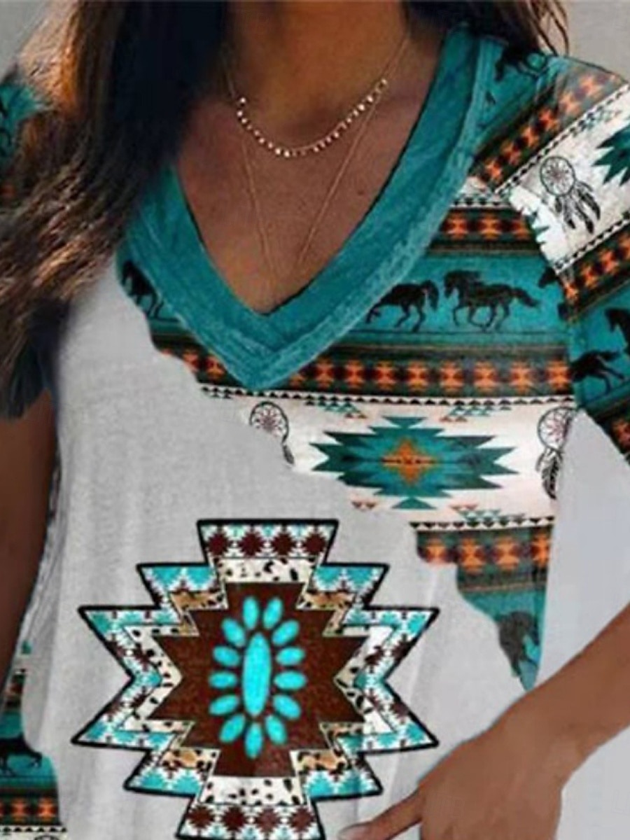Femmes T-shirt Graphique Géométrique Bohème ancien Western Manche Courte Col en V Hauts Réguliers Quotidien Week-end Blanche Jaune Fuchsia Vert Été de 2025 ? $15.99 –P2