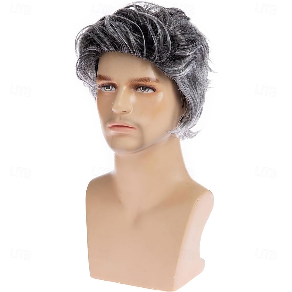 pánská šedá paruka krátká šedá vrstvená halloween cosplay paruka anime kostým party vlasy pro muže 2025 - $25.99 –P2
