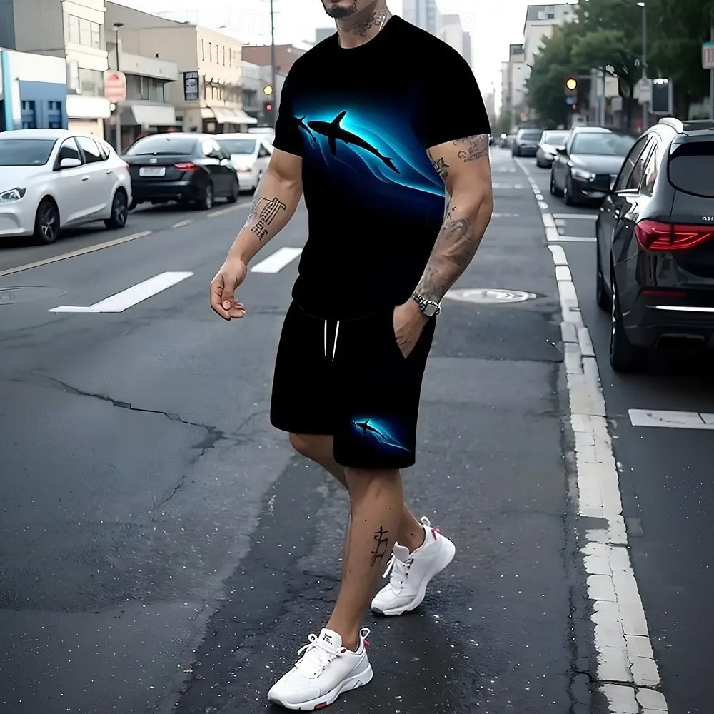 Voor heren Dierenprint 2 stuks T-shirts sets Zomer tops Korte mouw Korte broek Strakke ronde hals Streetwear Sport Casual Urheilu Casual Dagelijks 3D-afdrukken Zomer Zwart 2025 - $23.99 –P1
