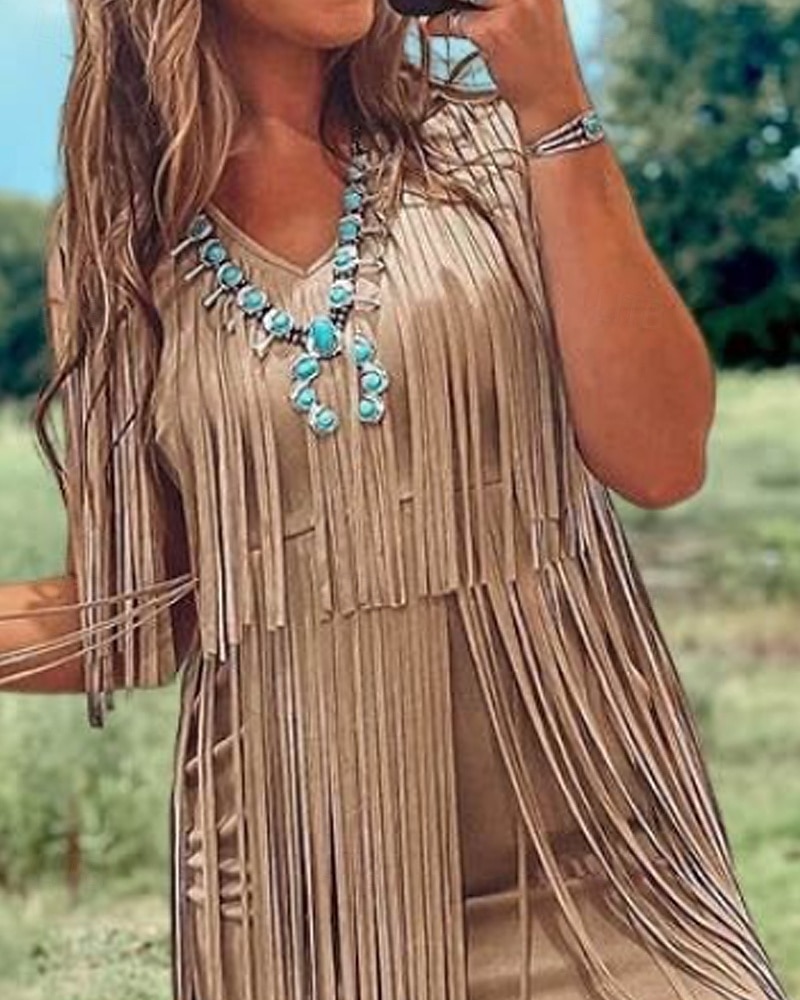 Damen Minikleid Kleid mit Quasten Mode Modern Outdoor Urlaub Ferien Normale Passform Einfach Ärmellos V Ausschnitt Kamel Sommer 2025 - $22.99 –P2