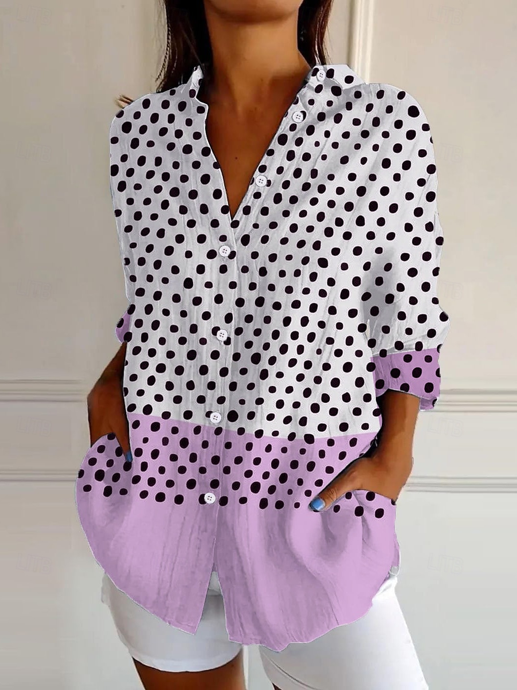 Camicia da donna a maniche lunghe bottone giù blusa grafica geometrica a pois quotidiana elegante a maniche corte colletto regolare top quotidiani verde salvia giallo blu viola estate primavera del 2025 a $32.99 –P4