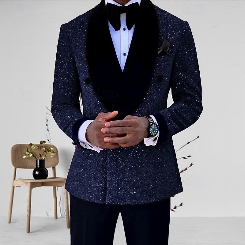 Herr Mardi gras Glittrande Kostymer Sjal Silver Svart Solid färg Skräddarsydd passform 2 delar set Singelknäppt 1 Knapp 2025 - $122.99 –P5