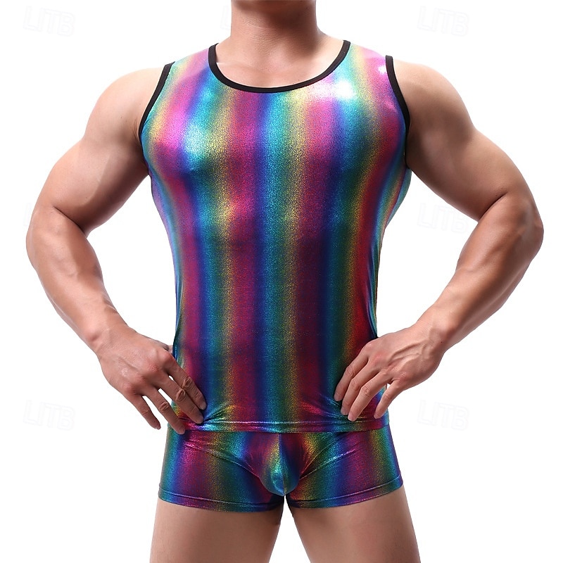 Retro Vintage 1980er Tanktop Unterhemd Disco Lack-Latex glänzend Metallisch Regenbogen Herren Halloween Karneval Pride Parade Pride-Monat Erwachsene Weste Ganzjahres 2025 - $18.99 –P2