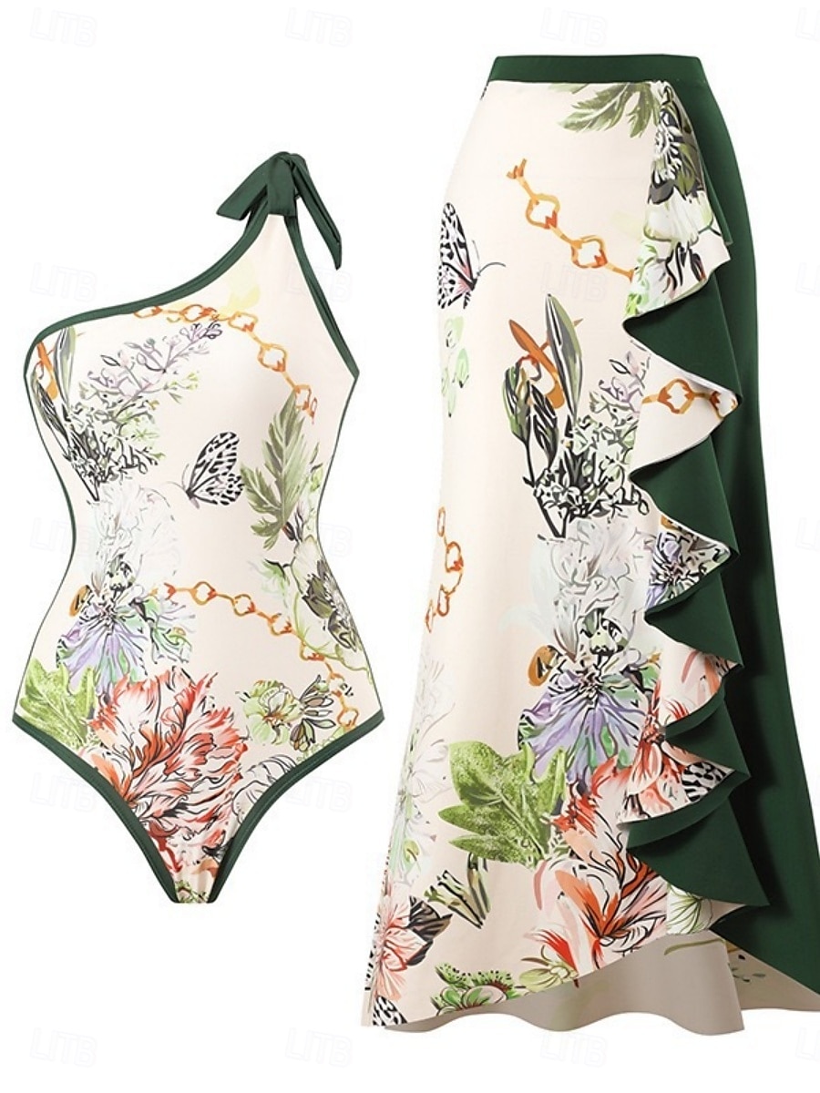 Kvinnors baddräkter en del 2 delar kjol baddräkt volang rygglös magekontroll hög midja smal semester strandkläder blommig asymmetrisk halsringning ärmlös baddräkt 2025 - $44.99 –P1