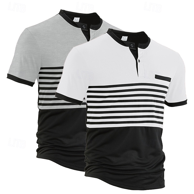Mehrfachpackungen 2St Herren Stehkragen Kurze Ärmel Weiß + Orange Polo mit Knopfleiste Golfshirt Golf Poloshirts Knöpfe Gestreift Urlaub Alltagskleidung Polyester Sommer 2025 - $28.99 –P2