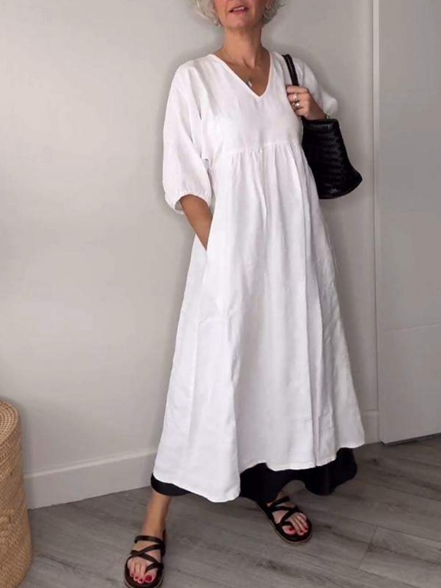 Women's Maxi Dress A Line Dress Linen Summer Dress Casual Daily Regular Fit Graphic 3/4 Length Sleeve V Neck Black White Blue Gray Summer 2025 - $36.99 –P3