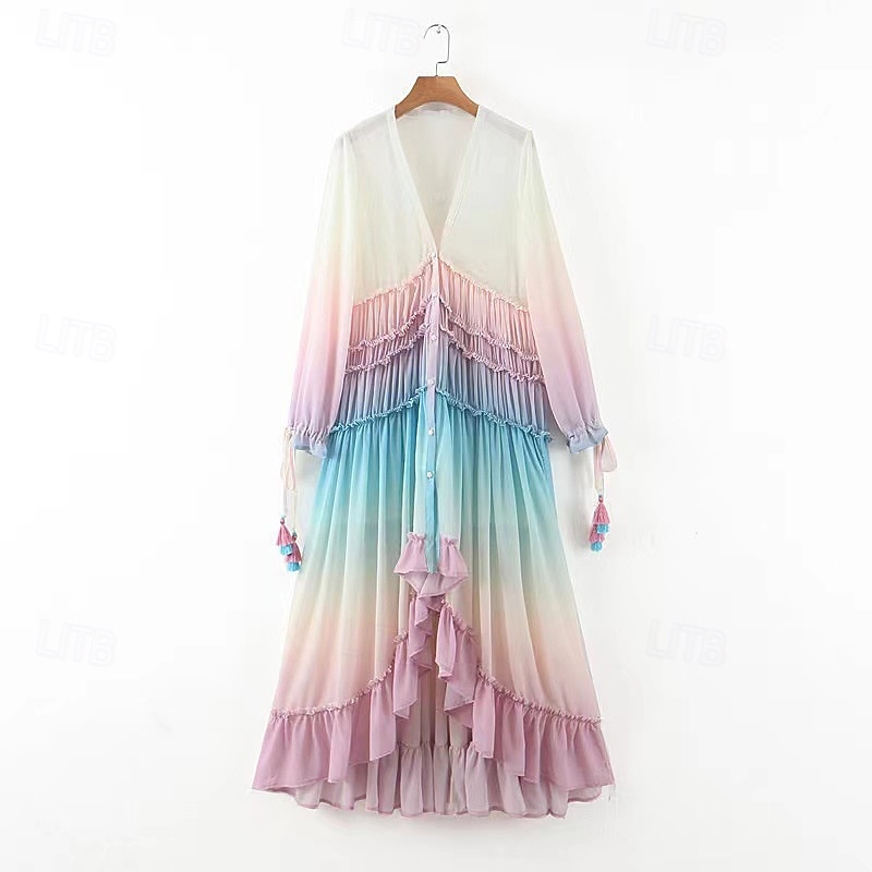 Femmes Robe Midi Robe Fleurie Mode Moderne Quotidien Sortir Week-end Coupe régulière A Ombre manche longue Col en V Rouge Bleu Violet Été de 2025 ? $31.99 –P2