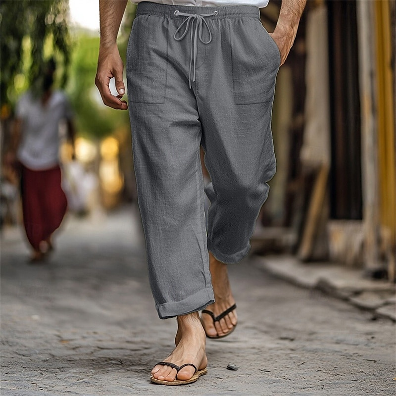 Men's Linen Pants Trousers Summer Pants Beach Pants Pocket Drawstring Elastic Waist Plain Comfort Breathable Vacation Daily Holiday Hawaiian Boho Dark Brown Lake blue 2025 - $18.99 –P4