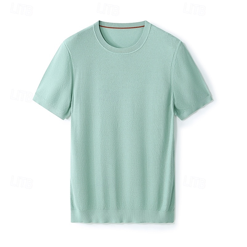 męska jedwabna bawełniana mieszanka lyocellu t-shirt krótki rękaw okrągły dekolt lato gładki żakard elegancki klasyczny okrągły dekolt minimalistyczny wakacje dom bawełna czarny niebieski granatowy top koszulka męska 2025 - $46.99 –P16