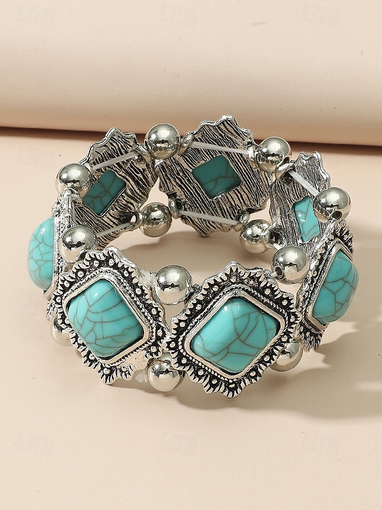 Women's Vintage Boho Turquoise Stone Bracelet – Retro Style Elastic Beaded Cuff Jewelry for Casual Wear, Festivals and Gifts 2025 - $11.99 –P5