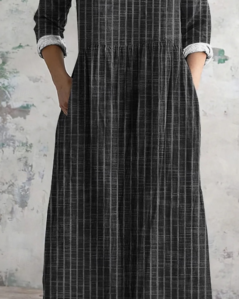 Per donna Abito Midi Abito in cotone e lino Abito Boho Classico All'aperto Vacanza Ferie Vestibilità regolare A righe Manica Lunga Scollo a V Nero Albicocca Estate del 2025 a $32.99 –P4