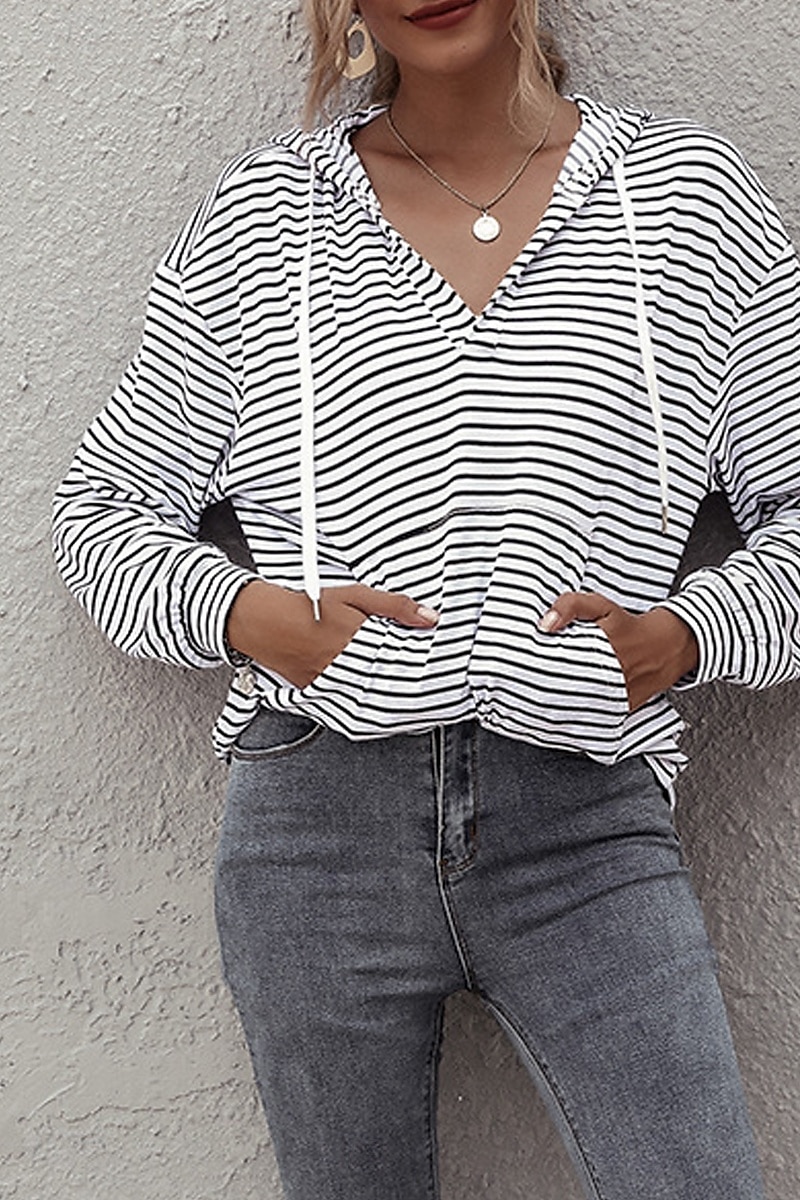Dames Blouse Gestreept Casual Lange mouw Capuchon Normale tops Dagelijks Uitgaan Zak Wit Bruin Zomer 2025 - $19.49 –P6