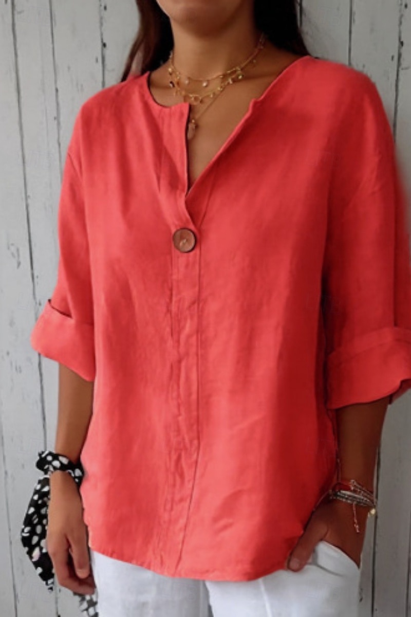 Women's Shirt Cotton Linen Shirt Blouse Plain Modern Casual 3/4 Length Sleeve V Neck Regular Tops Daily Going out Buttons Black White Red Navy Blue Green Summer 2025 - $23.99 –P2