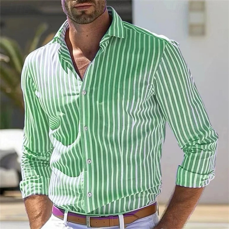 Men's Shirt Summer Shirt Casual Shirt Beach Shirt Button Up Shirt Light Pink Yellow Light Green Red Green Long Sleeve Stripes and Plaid Lapel Vacation Hawaiian Clothing Apparel Polyester Fashion 2025 - $26.99 –P5