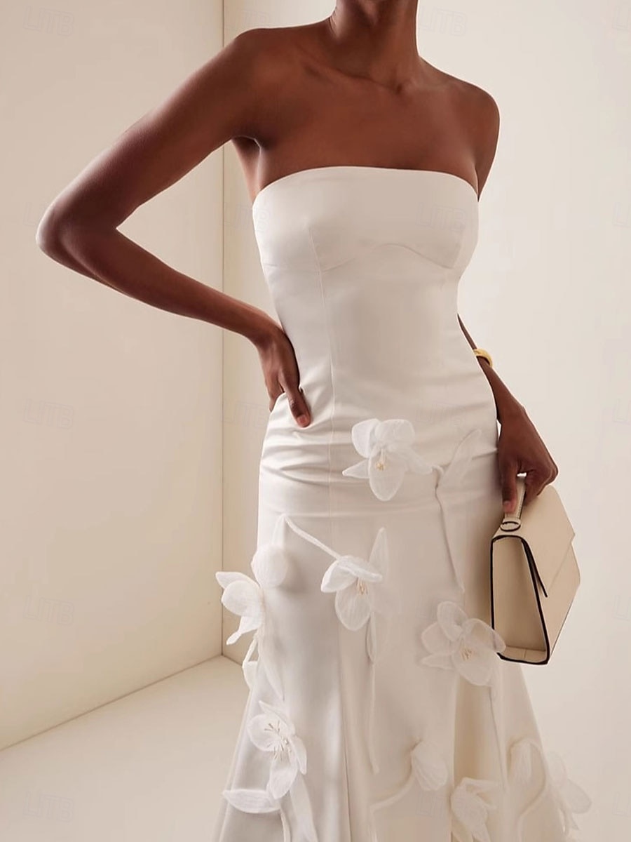 Abiti da sposa con applicazioni floreali 3D abito da doccia per la sposa senza maniche lunghezza midi in satin sirena con colore solido del 2025 a $99.99 –P5