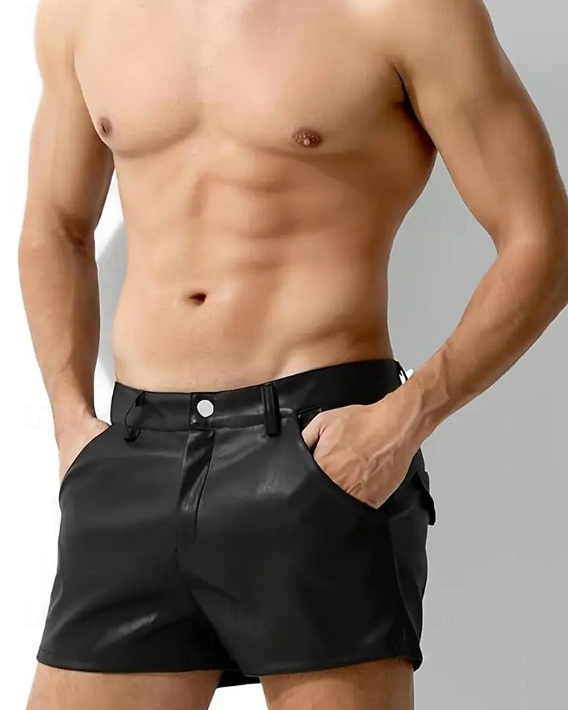 Men's Shorts Summer Shorts Casual Shorts Faux Leather Shorts Pocket Plain Comfort Breathable Short Outdoor Vacation Sport Casual Black Red 2025 - $23.99 –P5
