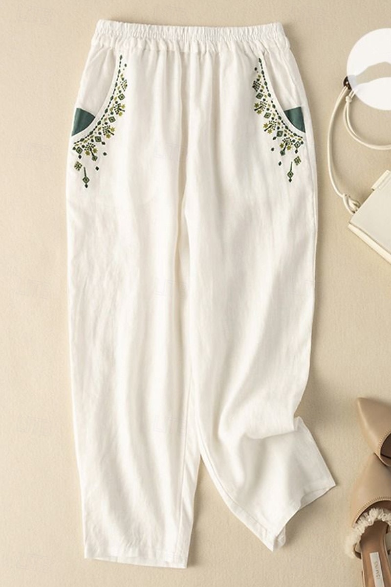 Mujer Algodón Compuesto Lino de algodón sintético pantalones Pantalones de verano Ropa de calle Casual Hasta el Tobillo Cintura Media Floral Bordado Bolsillo Cintura elástica Confortable Cómodo 2026 - $18.49 –P3